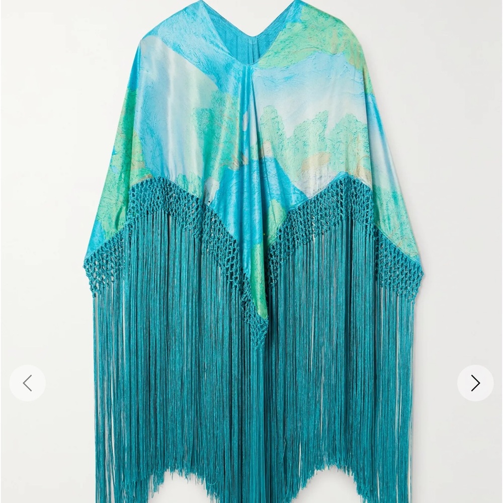 cult gaia ashanti blue & green fringed printed 100% silk blouse top size medium